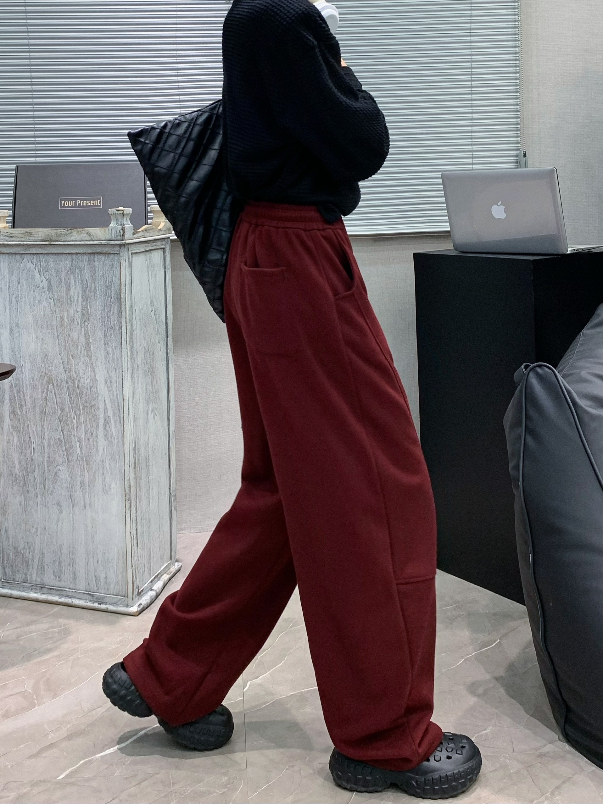 womens casual polyester wide leg joggers loose fabric sweatpants solid color long length with shearling waist with drawstring for weekend details 8