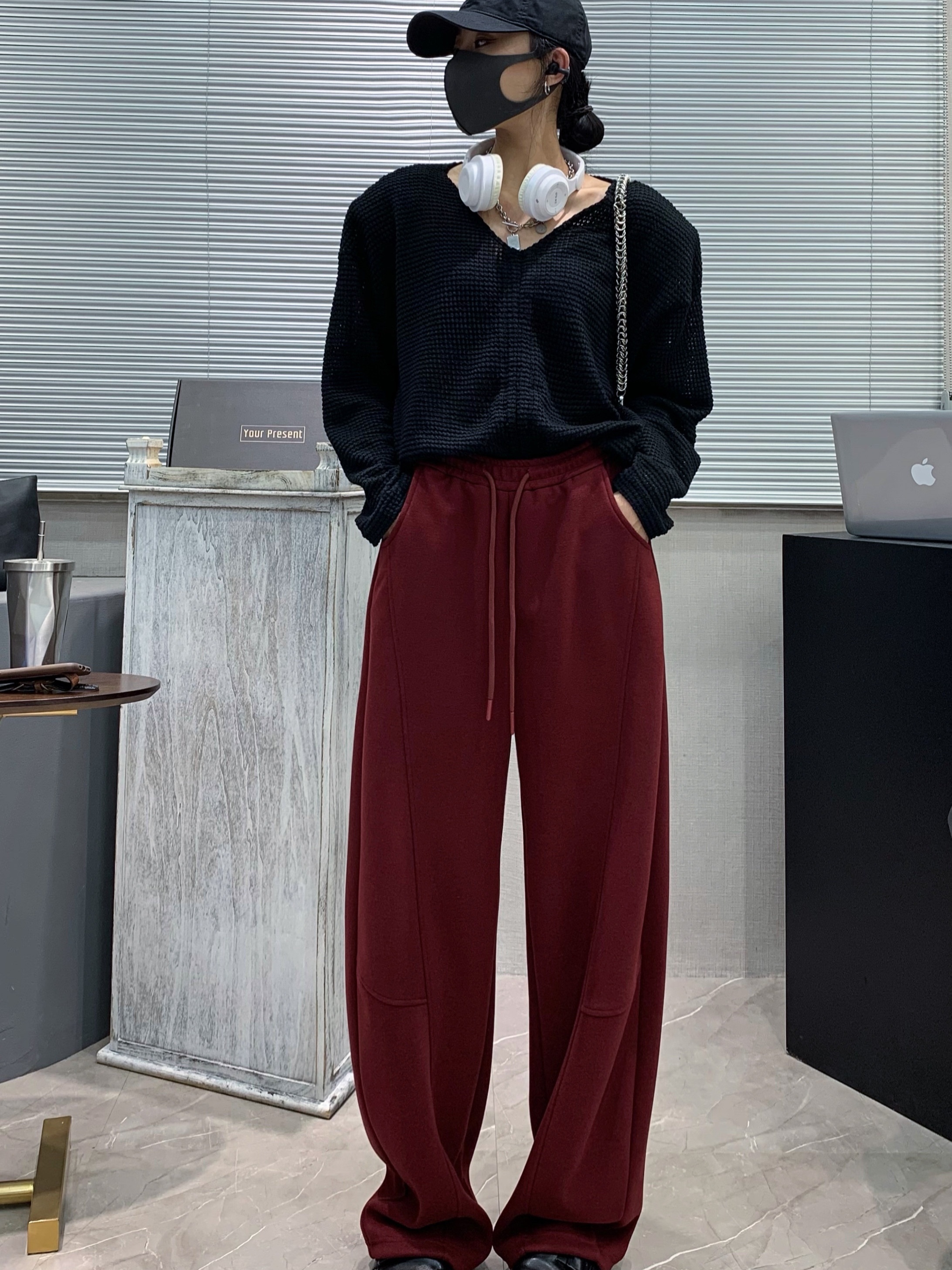 womens casual polyester wide leg joggers loose fabric sweatpants solid color long length with shearling waist with drawstring for weekend details 10