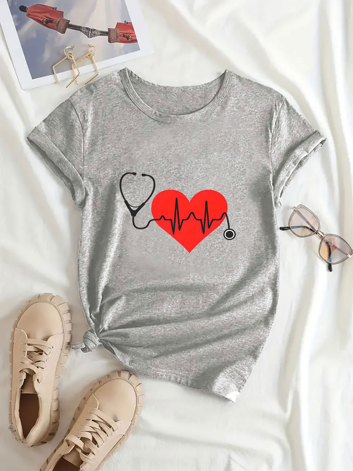 Women s Breathable Polyester T-Shirt with Stethoscope & - Casual Crew Neck, Short Sleeve, Machine Washable - Perfect Gift for Her details 2