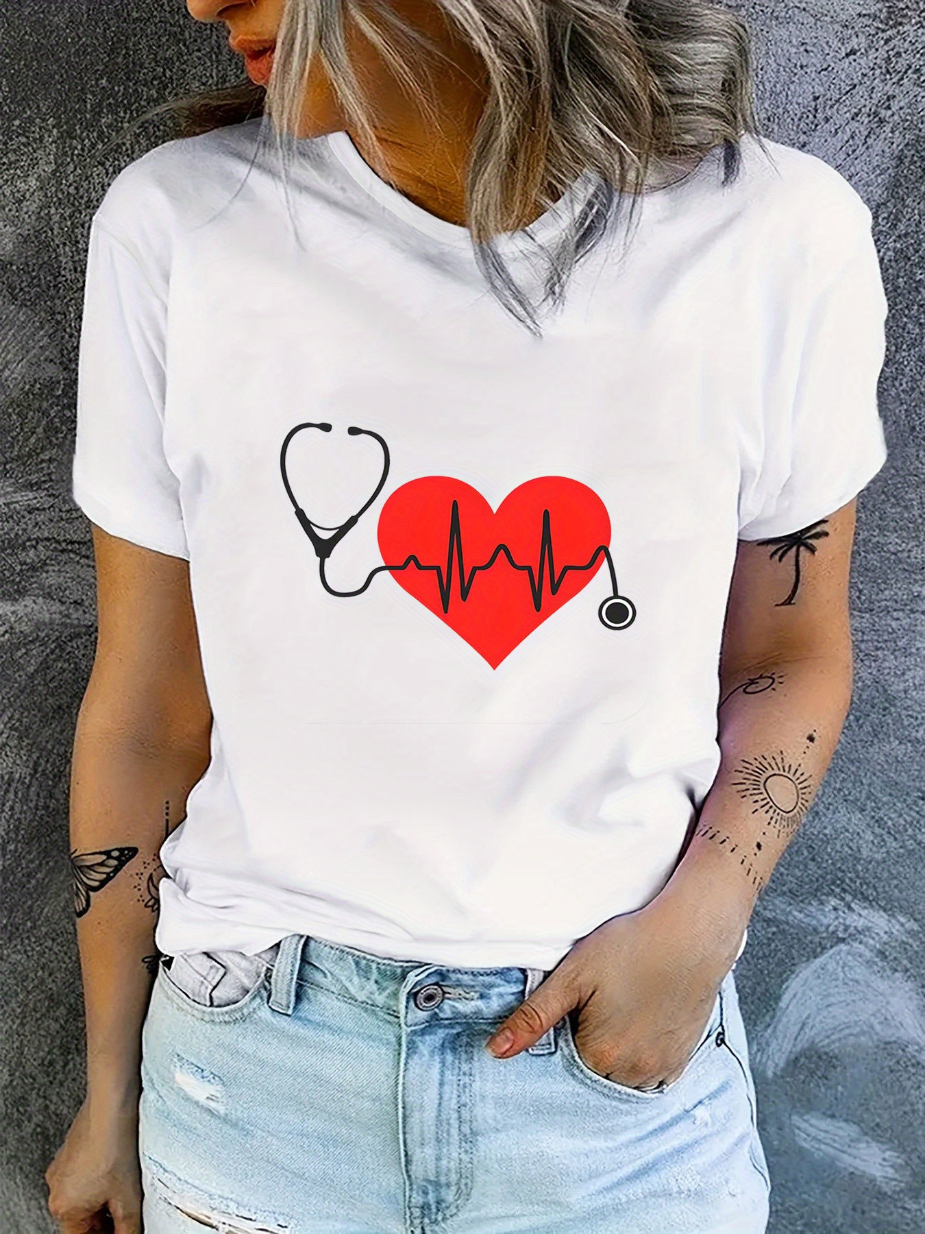 Women s Breathable Polyester T-Shirt with Stethoscope & - Casual Crew Neck, Short Sleeve, Machine Washable - Perfect Gift for Her details 5