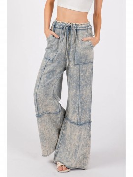 1pc Women'S Casual Cotton Wide Leg Pants with Drawstring and Pockets, Color Block Pattern, All-Season Loose Fit, Woven Fabric - Adult Fashion