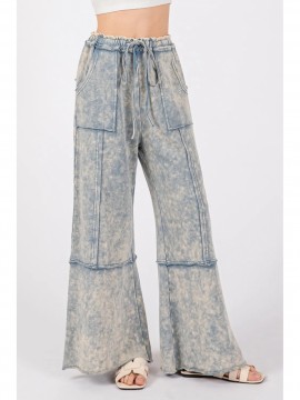 1pc Women'S Casual Cotton Wide Leg Pants with Drawstring and Pockets, Color Block Pattern, All-Season Loose Fit, Woven Fabric - Adult Fashion