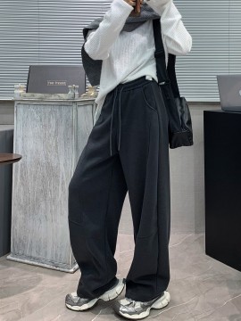 Women'S Casual Polyester Wide Leg Joggers, Loose Fit Knit Fabric Sweatpants, Solid Color, Long Length, with Shearling Lining, Elastic Waist with Drawstring, for Fall/Winter - Weekend Casual Style