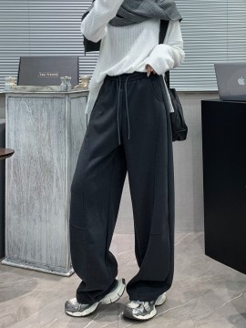 Women'S Casual Polyester Wide Leg Joggers, Loose Fit Knit Fabric Sweatpants, Solid Color, Long Length, with Shearling Lining, Elastic Waist with Drawstring, for Fall/Winter - Weekend Casual Style