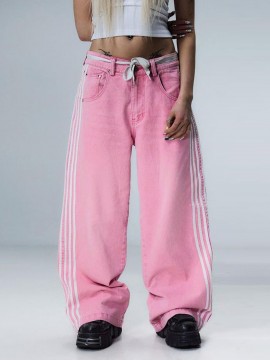 1pc Women'S Casual Wide Leg Faux Denim Pants with Striped Print, Cotton Loose Fit Trousers with Front Tie Bow Detail for Work Office Streetwear - All Seasons