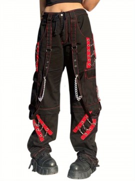 Womens Low Rise Baggy Jeans Rock Style Wide Leg Cargo Pants Washed Jeans with Flap Pockets