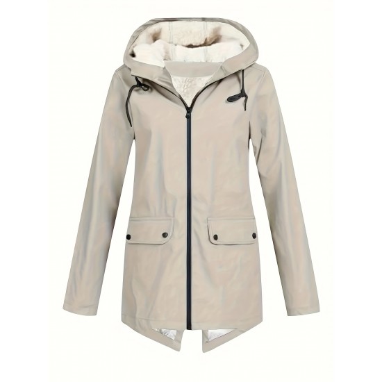 Plus Size Plush Lined Hooded Coat, Casual Long Sleeve Zipper Warm Coat For Winter, Women's Plus Size Clothing