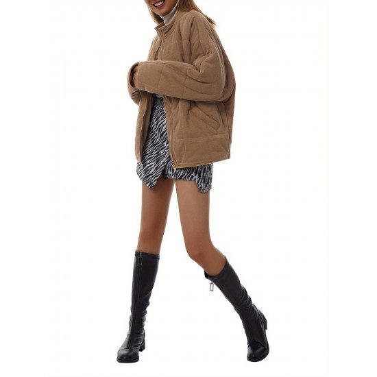 Chic Plus Size Quilted Jacket for Women - Casual Long Sleeve, Full Zip Padded Coat with Stand Collar, Machine Washable - Perfect for Fall/Winter