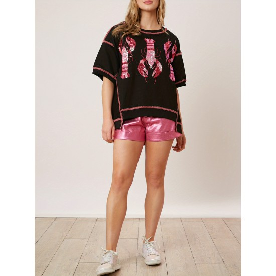 Women's Glitter Sequin Lobster & Crawfish Print T-Shirt - Casual Short Sleeve, Round Neck Top for Summer