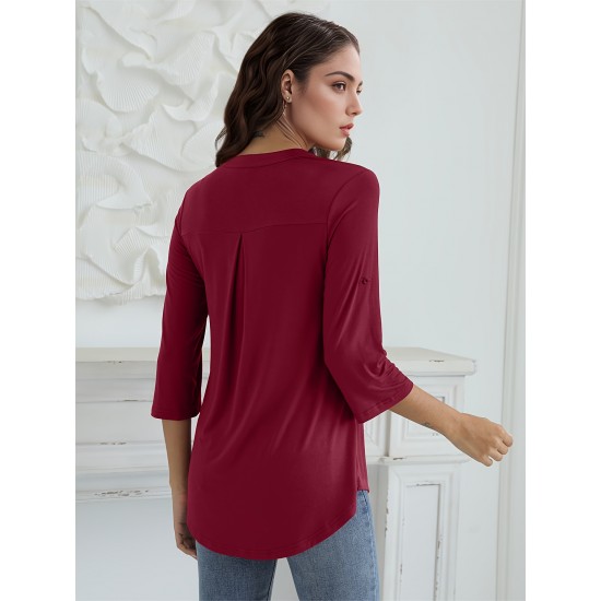 Stylish Women's V-Neck 3/4 Sleeve Zipper Shirt - Business Casual, Dressy Work Tunic Blouse with Relaxed Fit, Soft Fabric, and Versatile Style for Office, Meeting, or Daily Wear - Perfect for Career Women and Professionals