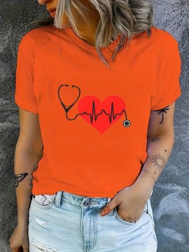 Women's Breathable Polyester T-Shirt with Stethoscope & Heart Design - Casual Crew Neck, Short Sleeve, Machine Washable - Perfect Gift for Her
